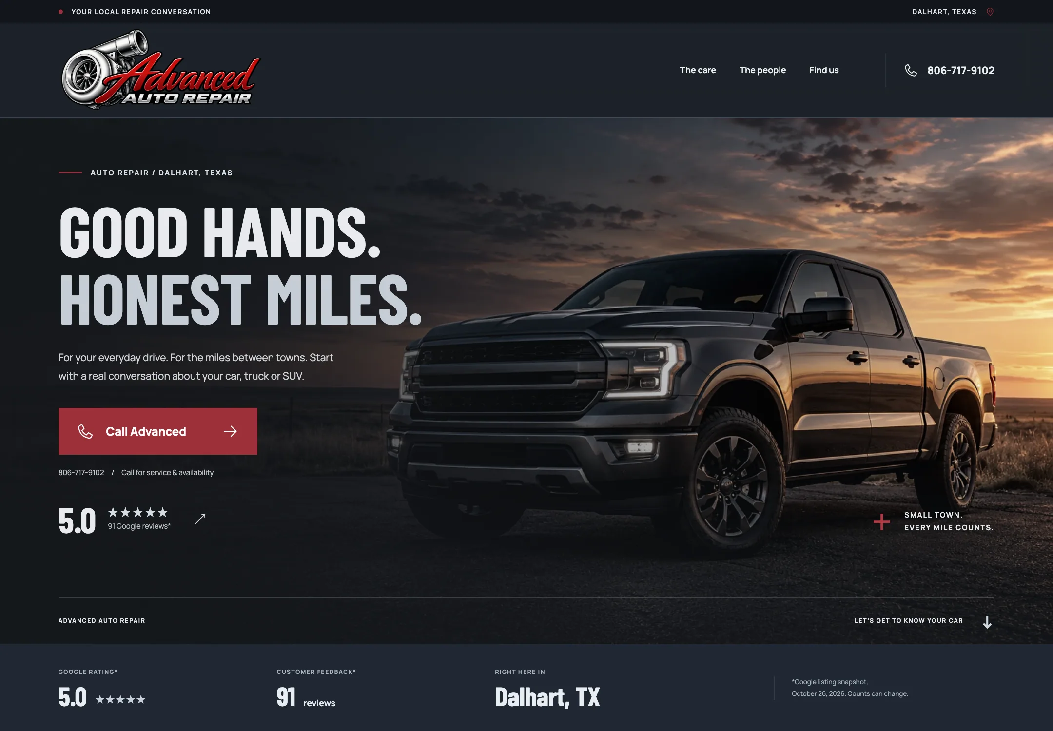 Advanced Auto Repair website, first screen on a desktop browser
