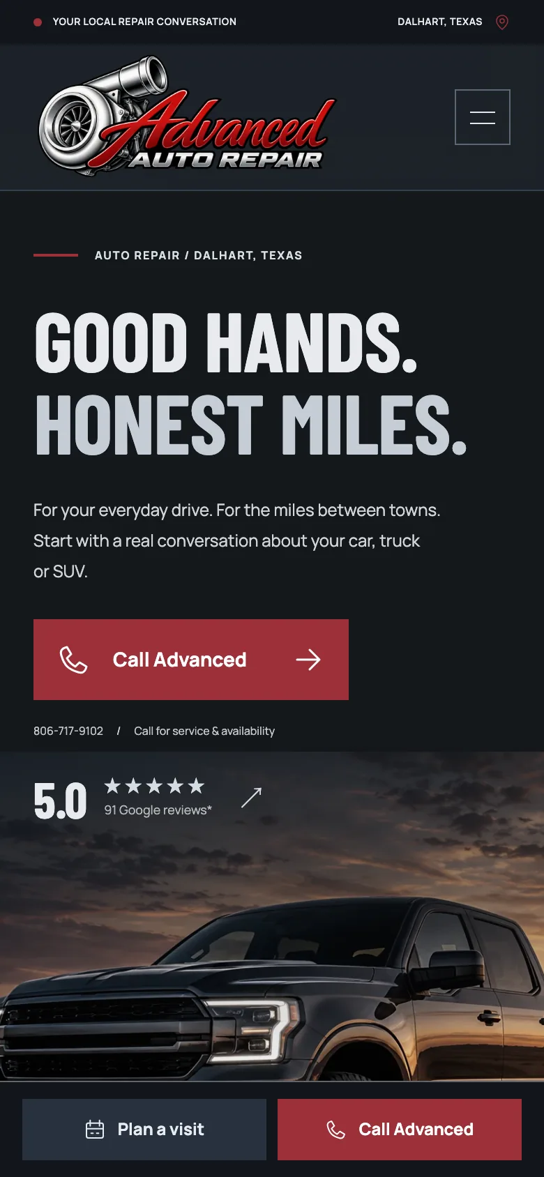 Advanced Auto Repair website, first screen on a phone