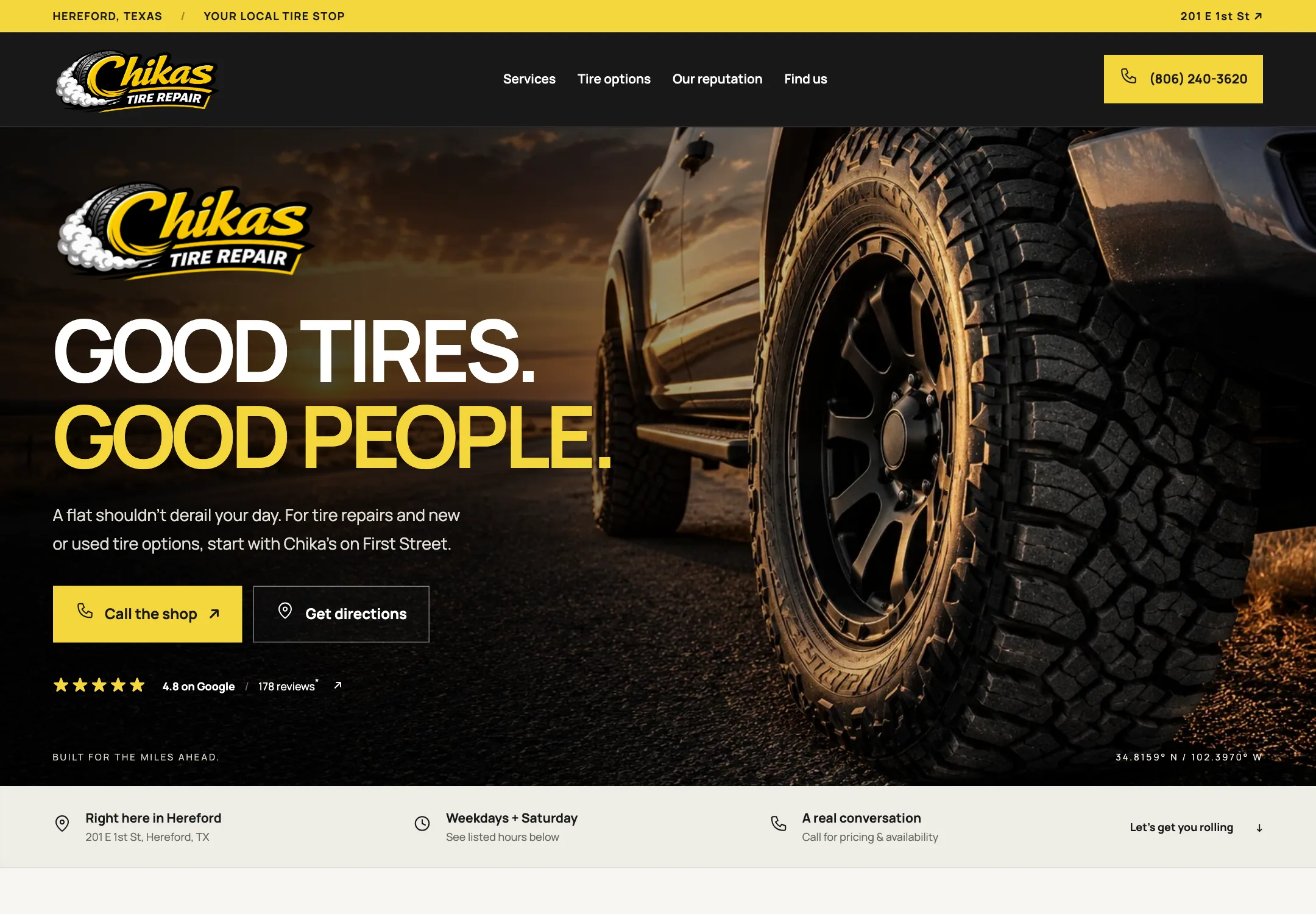Chika's Tire Repair website, first screen on a desktop browser