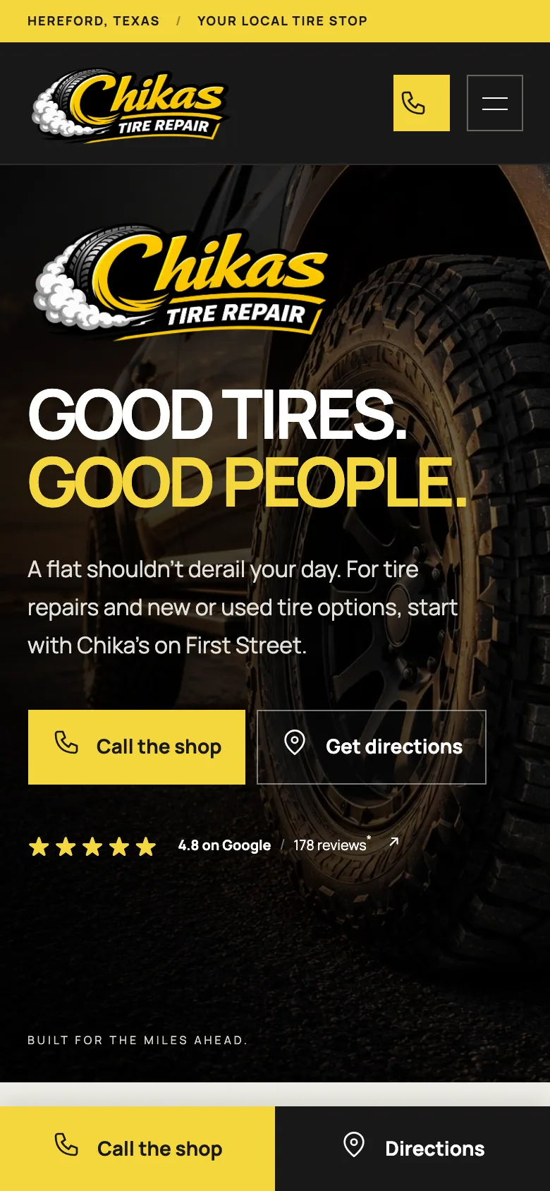 Chika's Tire Repair website, first screen on a phone