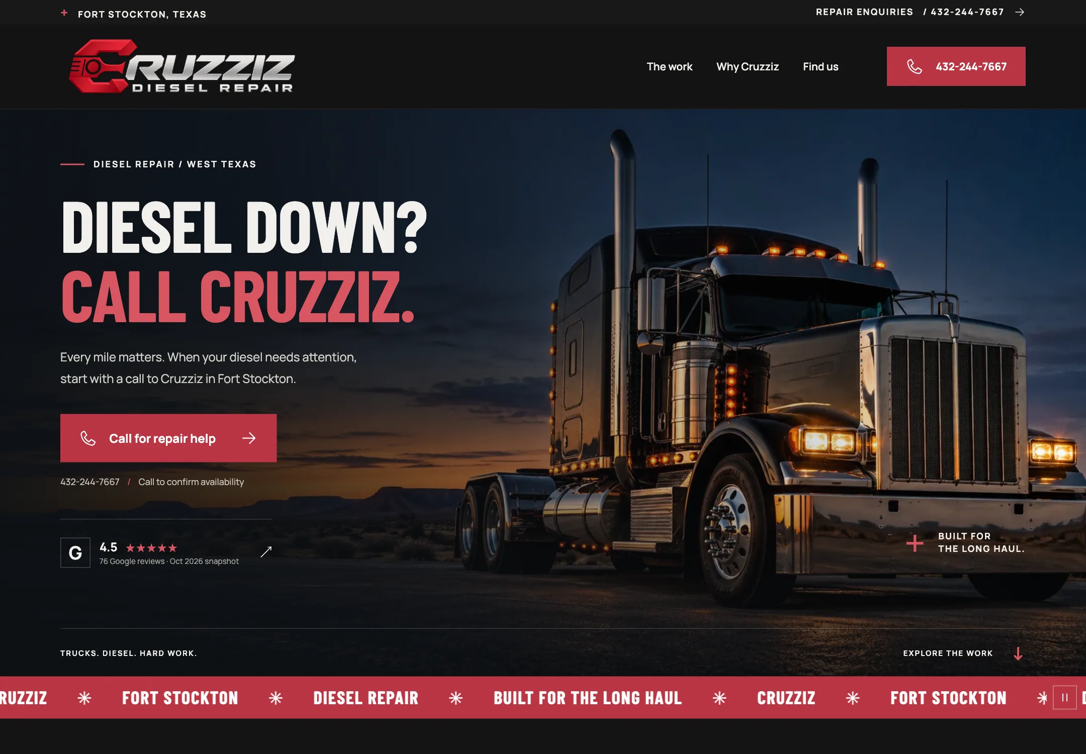 Cruzziz Diesel Repair website, first screen on a desktop browser