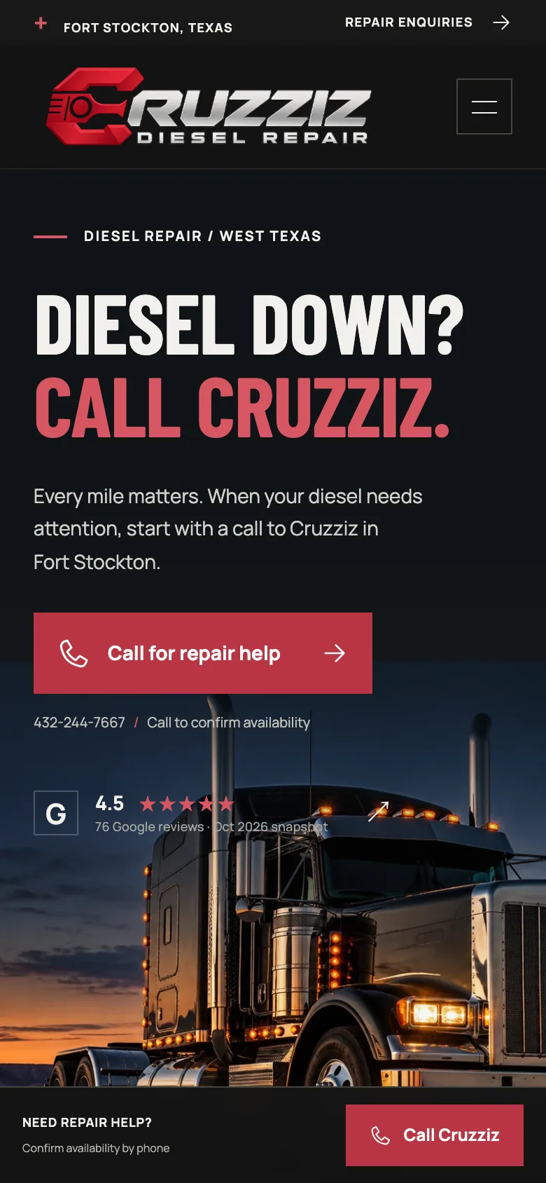 Cruzziz Diesel Repair website, first screen on a phone