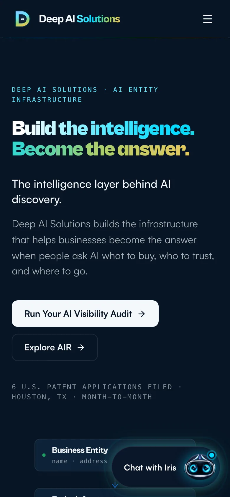 Deep AI Solutions website, first screen on a phone