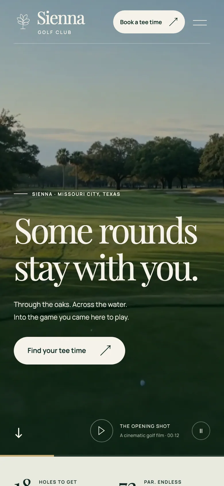 Sienna Golf Club website, first screen on a phone